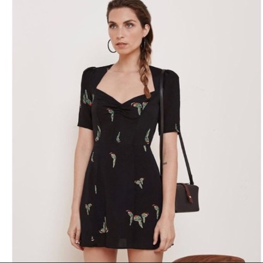 Reformation Gene dress in parrot print
